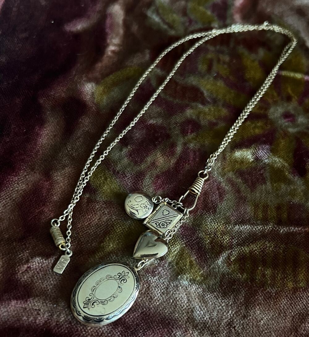 Vtg 1928 Victorian Revival Tassel Necklace 4 Locket Charms Heart Book Etched